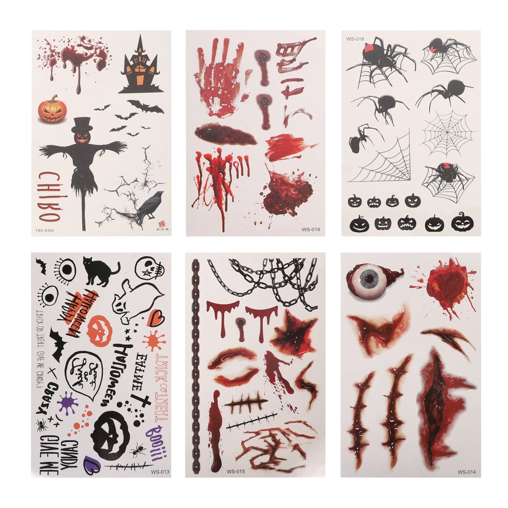 6 Sheets Halloween Face Tattoos Stickers Halloween Temporary Tattoos Stickers