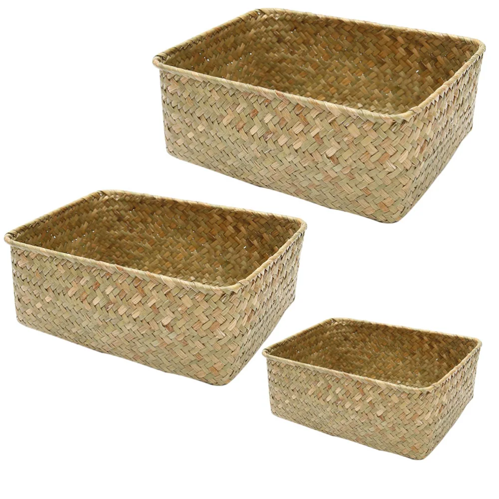 3pcs Tea Storage Basket Woven Clutter Container Sundries Storage Basket Khaki