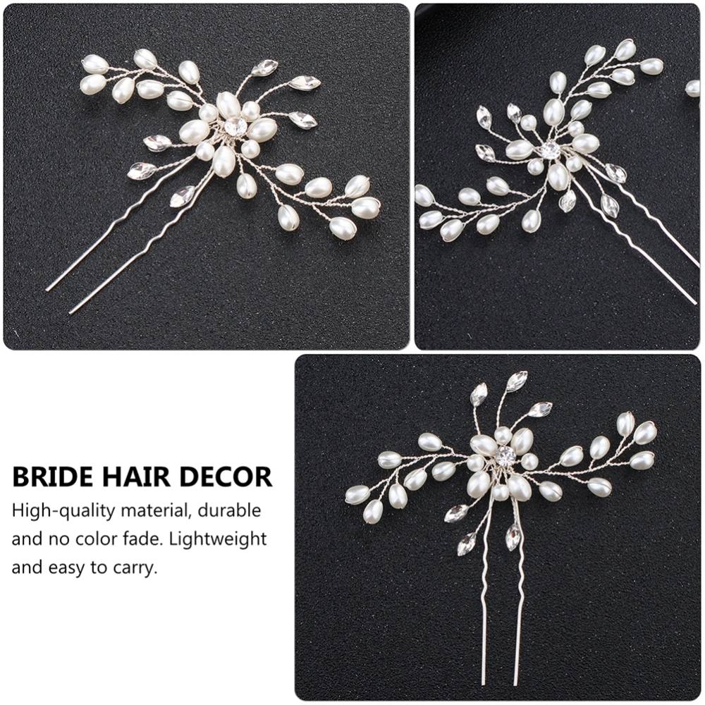 2pcs Pearl Leaf Bride Hairpin Shiny Rhinestone Wedding Party Headdress Decor