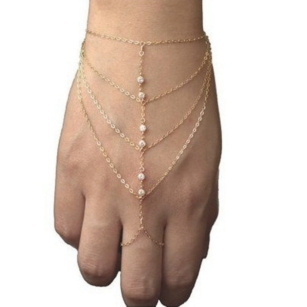 Lady Women Rhinestone Decorated Tassel Style Bracelet Chain with Ring (Golden)