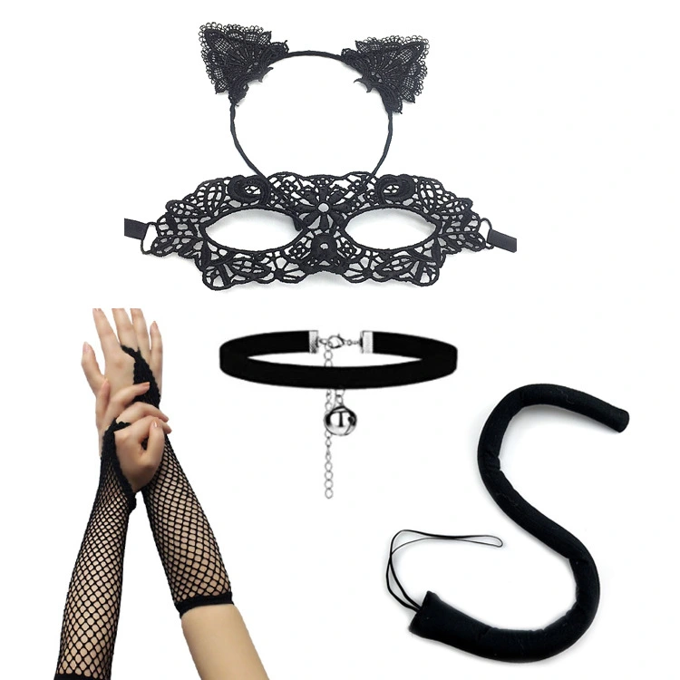 1 Set of Cat Costume Accessories Cosplay Cat Ear Headband Tail Gloves Choker Eye Mask Halloween Costume