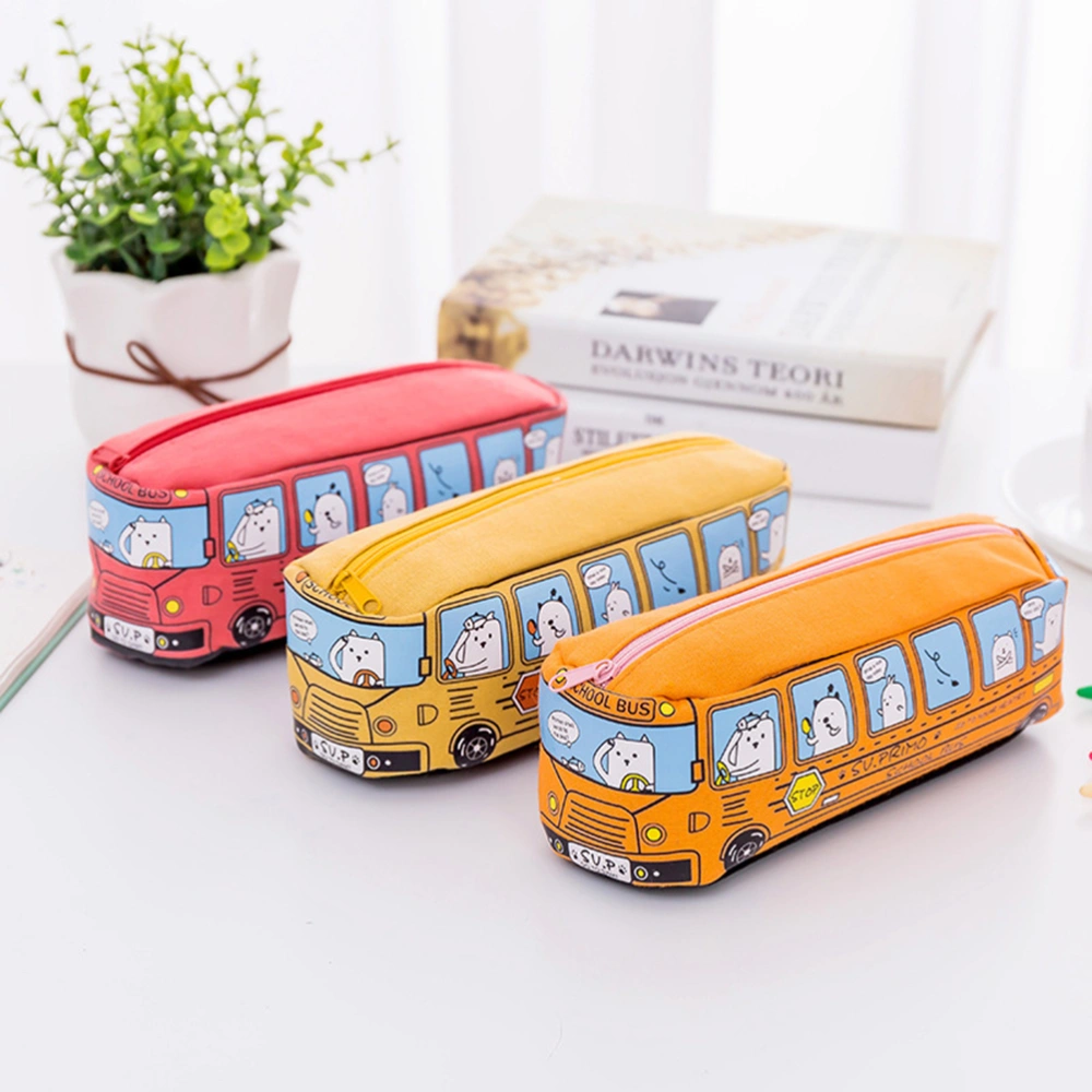 Creative School Bus Shaped High Capacity Printing Pencil Box Zipper Pen Bags Pencil Case School Office Supplies (Orange)