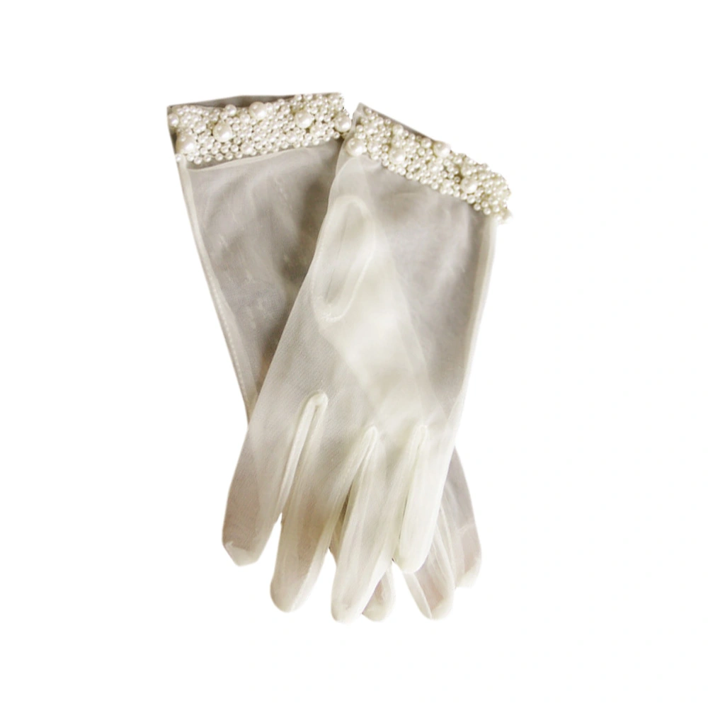 1 Pair Wedding Dress Accessories Charming Wrist Pearl Sewing Bridal Gloves Exquisite White Dress Gloves