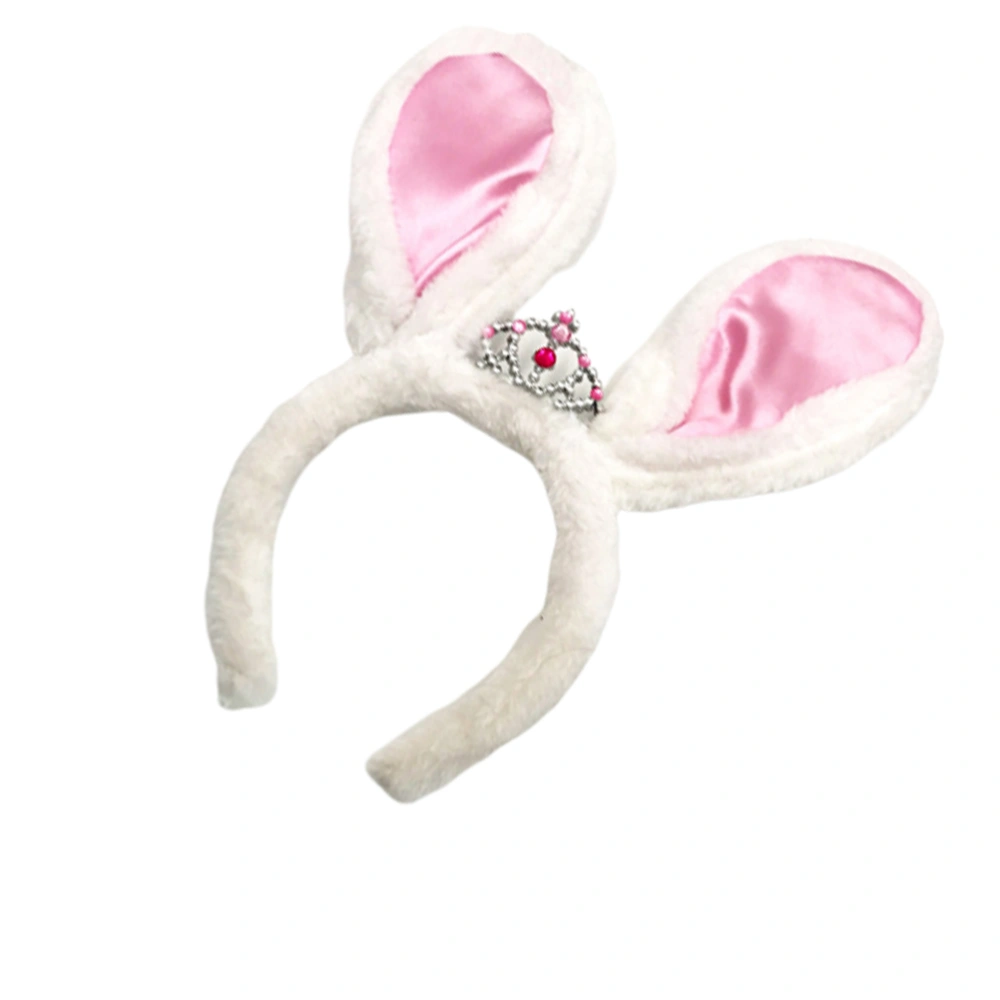 Plush Rabbit Ear with Mini Crown Headband Kids Decorative Hair Party Hair Accessories for Halloween Cosplay Children