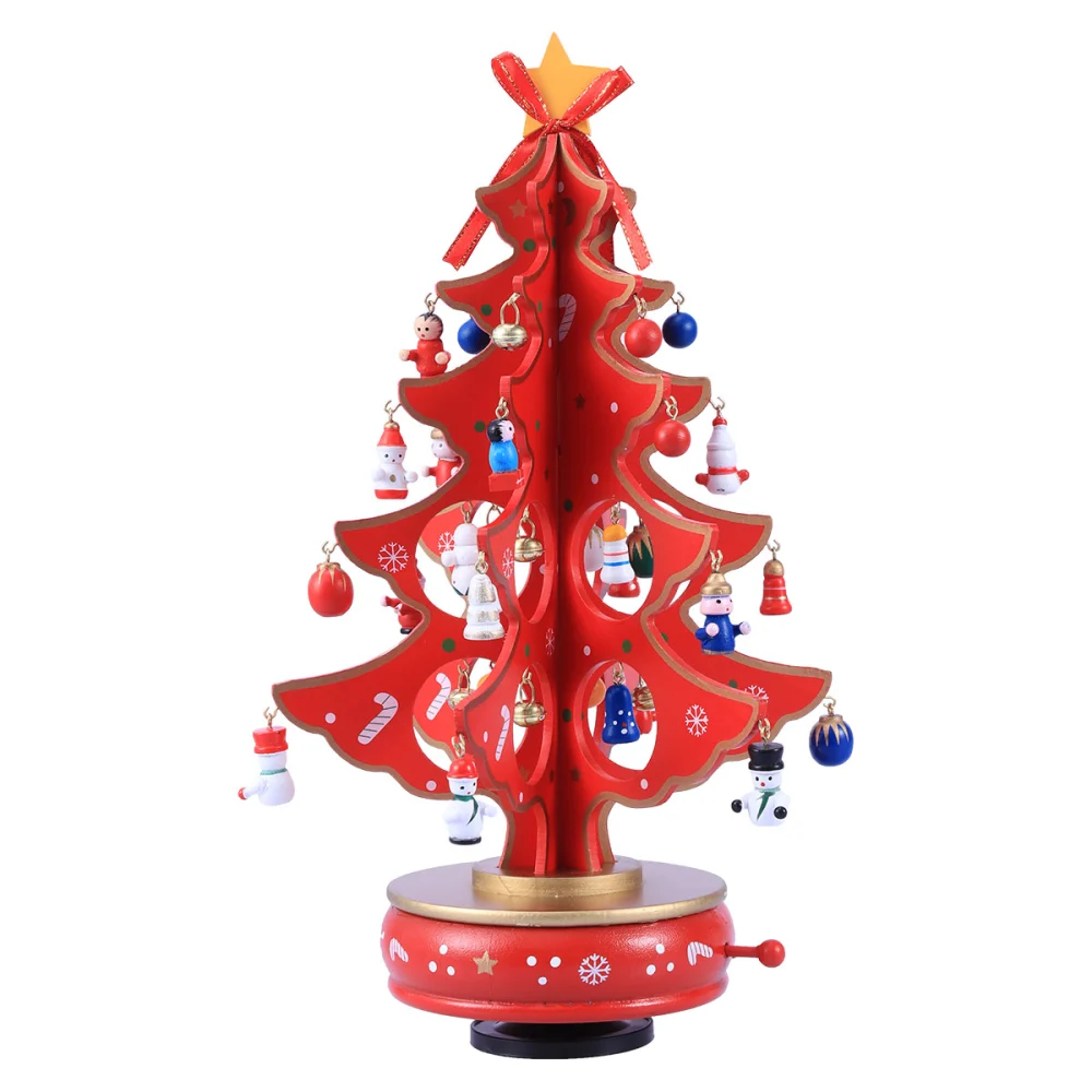 Classic Music Box Wooden Clockwork Design Christmas Tree With Pendants Miniature Handmade Music Box For Birthday Valentine's Gift (Red)