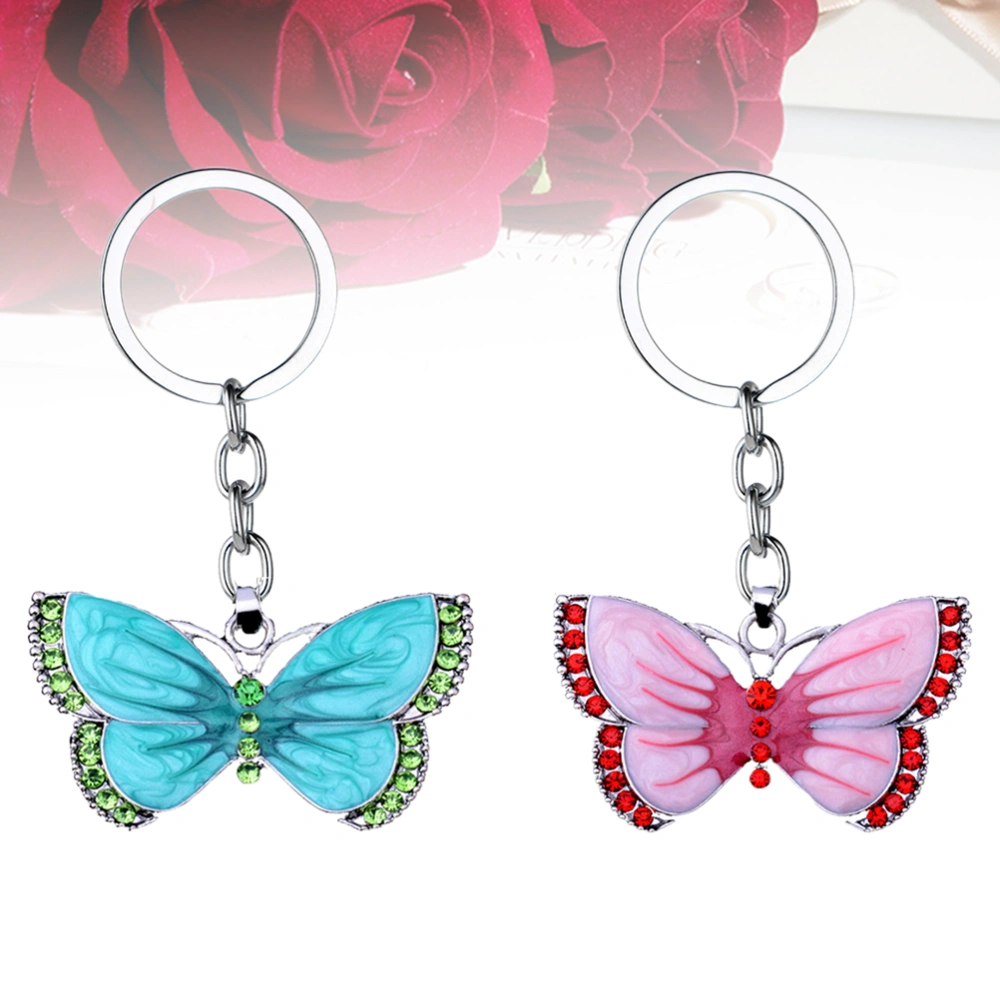 2Pcs Unique Alloy Keychains Drip Oil Design Key Rings Vintage Rhinestone Keyings Pendant Decoration (Green Pink 1 Each)