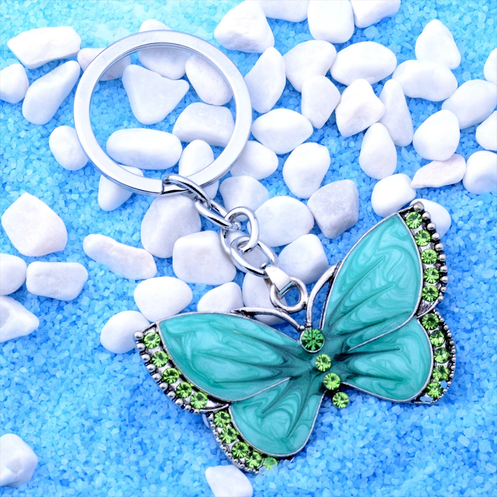 2Pcs Unique Alloy Keychains Drip Oil Design Key Rings Vintage Rhinestone Keyings Pendant Decoration (Green Pink 1 Each)