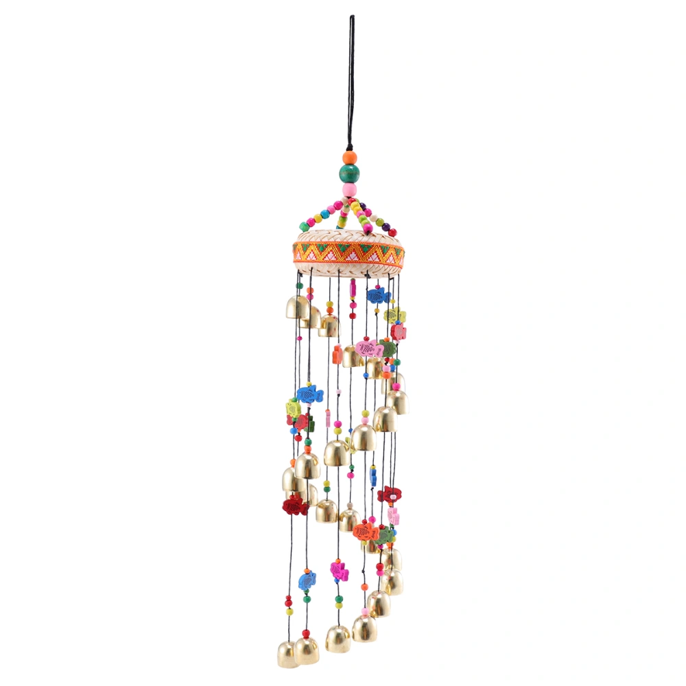 Ethnic Style Knitting Drum Wind Chime Ornaments Decorative Crafts Ornaments Hanging Copper Bell Pendant for Home (Colorful, Random Brim Color)