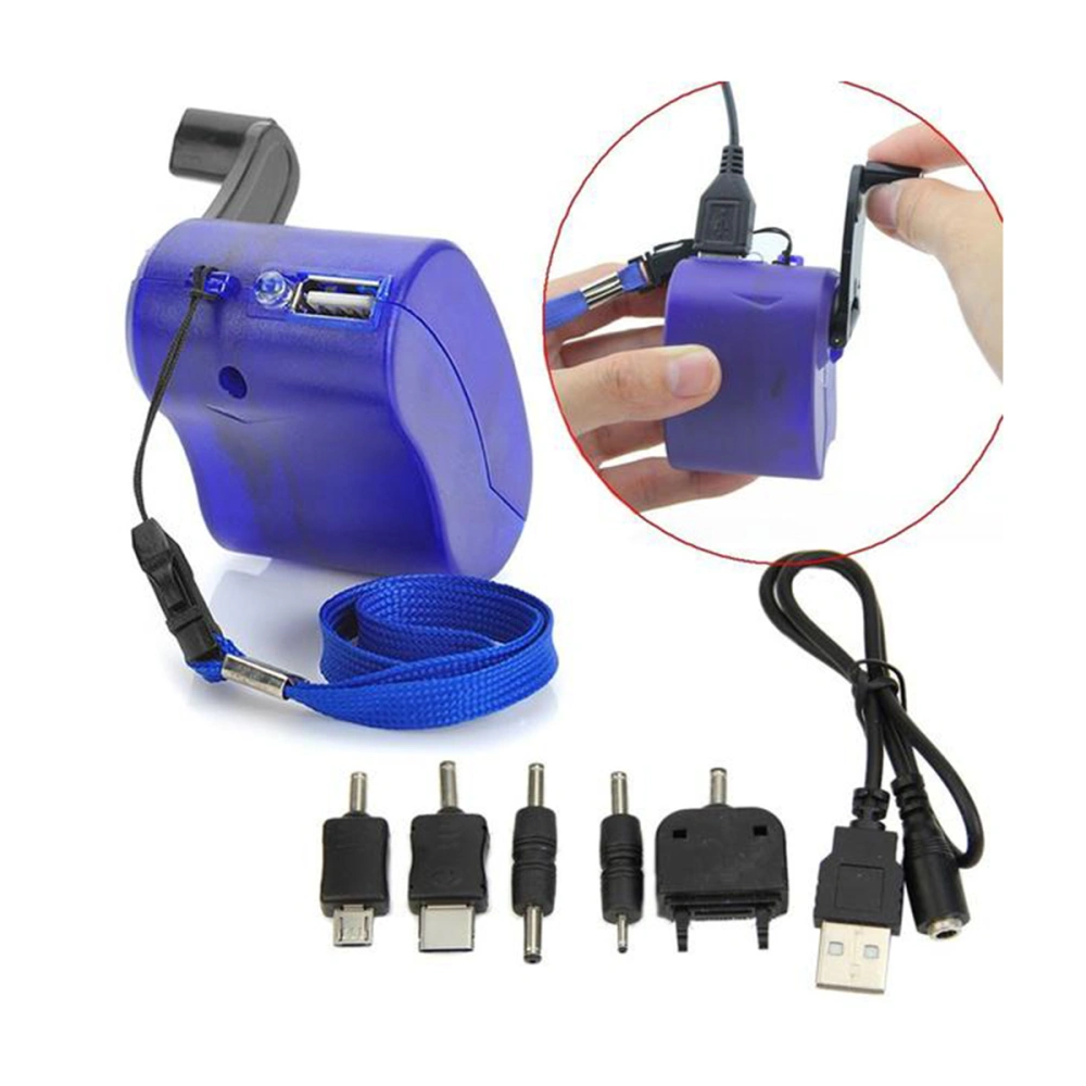 Mini Hand Dynamo Charger Hand Cranking USB Port Output Cell Phone Emergency Charger with 5pcs Connectors and USB Cable (Blue)