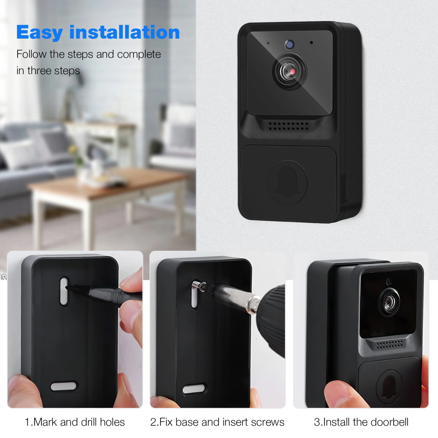 Wireless Remote Video Doorbell Smart Doorbell Intercom WiFi Anti-Theft Doorbell for Home Dorm Office (Black)