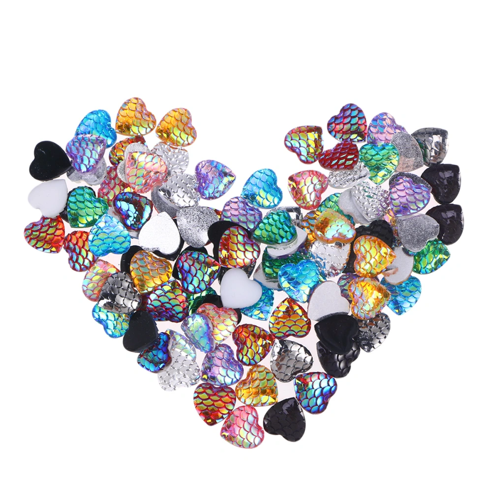 100pcs 12mm Iridescent Heart-Shaped Resin Mermaid Dome Cabochons Flat Back DIY Jewelry Accessories for Necklace Bracelet Making (Assorted Color)