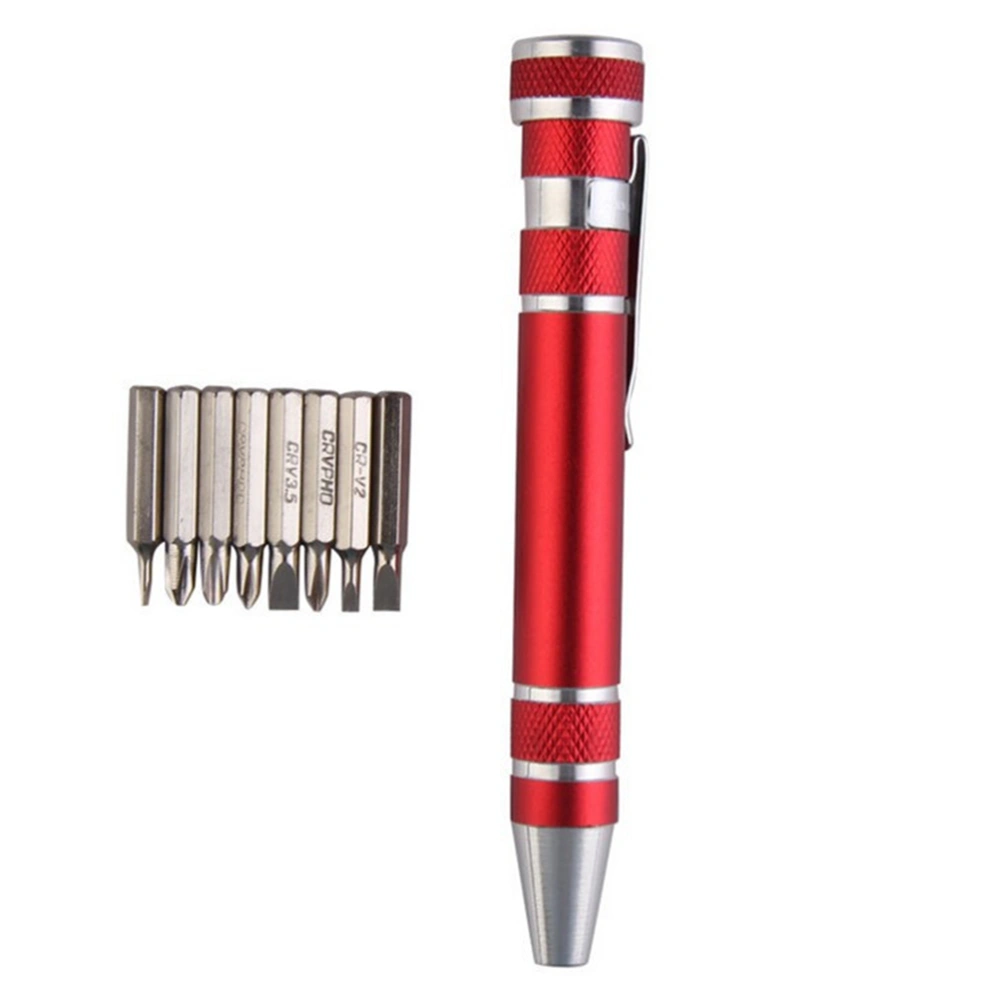 8 in 1 Mini Gadgets Repair Tools Multifunction Mini Aluminum Precision Pen Screw Driver Screwdriver Set Repair Tools Kit Cell Phone Hand Tool (Red)