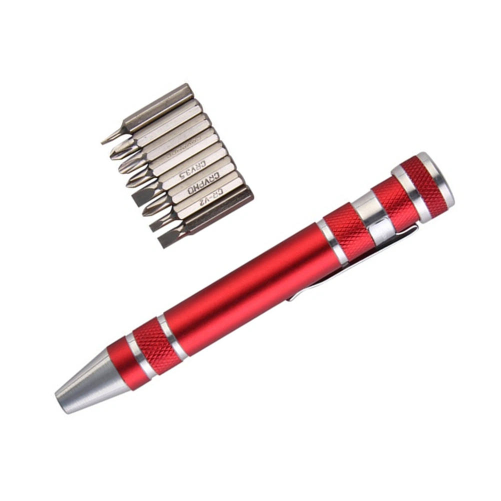 8 in 1 Mini Gadgets Repair Tools Multifunction Mini Aluminum Precision Pen Screw Driver Screwdriver Set Repair Tools Kit Cell Phone Hand Tool (Red)