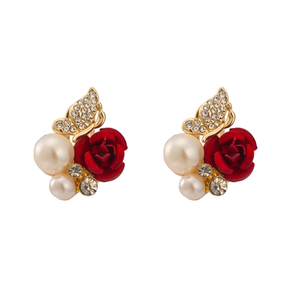 Gorgeous Red Rose Stud Earrings Floral Crystal Rhinestone Pearl Earrings for Women