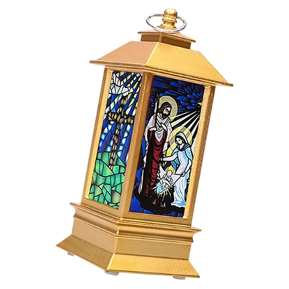 Christmas LED Storm Lantern Church Jesus Pattern Simulated Small Oil Lamp