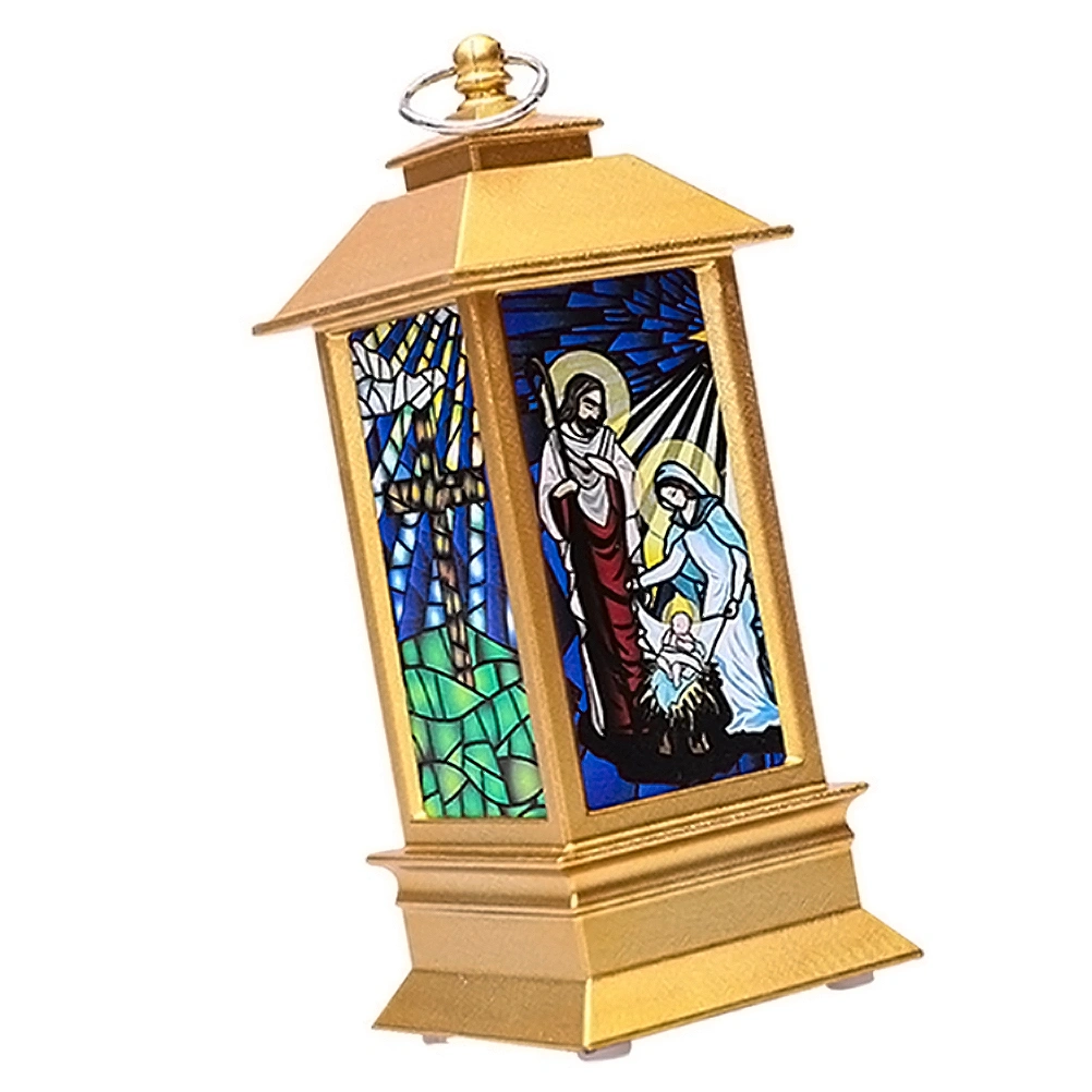 Christmas LED Storm Lantern Church Jesus Pattern Simulated Small Oil Lamp