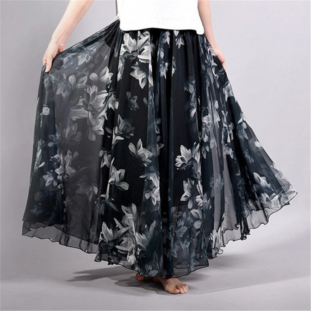 Women Stylish Beach Chiffon Skirt Bohemian Skirts Elastic Waist Free Size Long Maxi Skirt (Black)