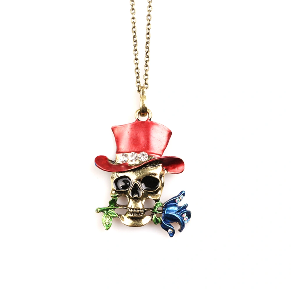 Halloween Punk Skull Pendants Magician Diamond Rose Exaggerated Skull Necklace Female (Red)