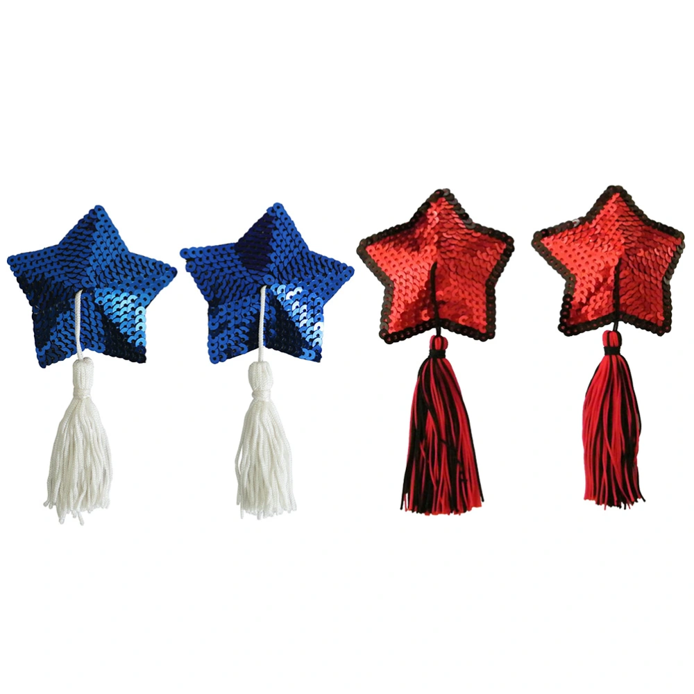 2 Pairs Womens Sexy Sequin Star Shape Tassels Covers Adhesive Pasties Bra (Black and Red+Blue and White)