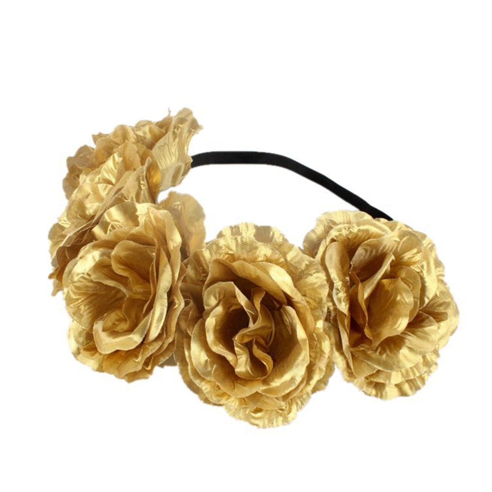 Beach Hairband Rose Headdress Vacation Wreath Fashion Holiday Flower Hair Decor Hair Ornament for Girls Women (Gold)