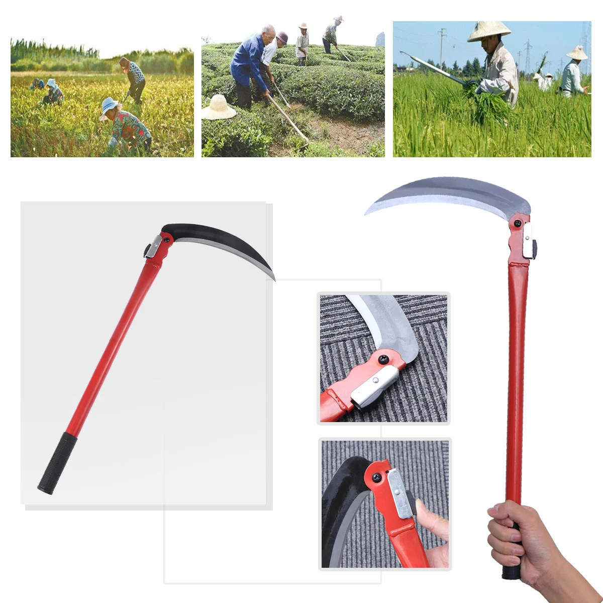 Steel Gardening Grass Sickle with Steel Handle Lightweight Durable Garden Tool Perfect for Weeding and Cultivating (Red)