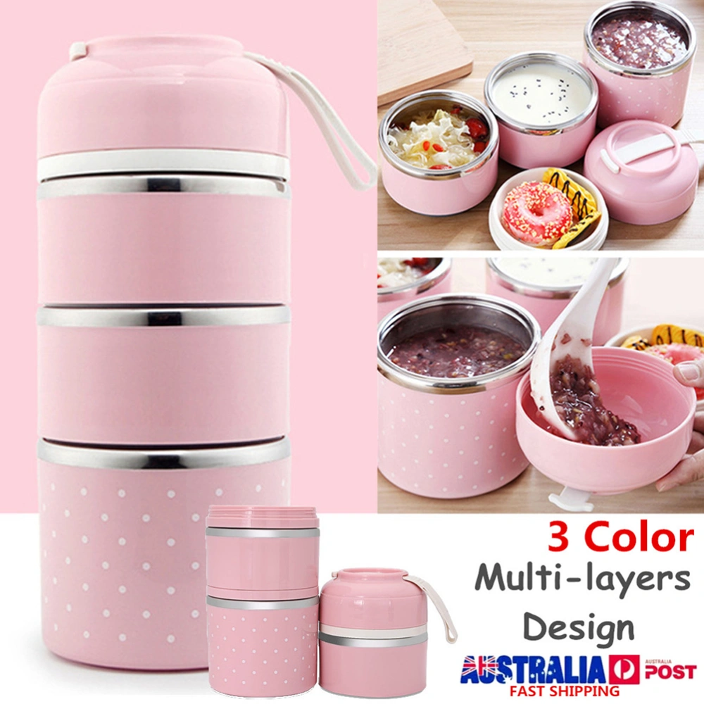 Portable Lunch Box Japanese Style Stainless Steel 3-layer Insulation Lunch Box Food Storage Container 1400ml (Pink)