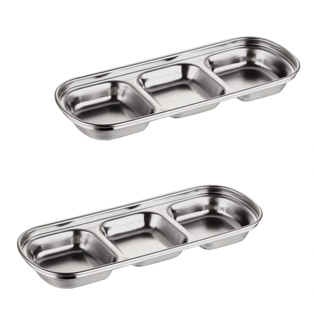 2PCS Stainless Steel Dip Dish Condiment Plate Sub-Grid Flavored Sauce Vinegar Bowl Compartment Seasoning Dipping Plates (3-Grid)