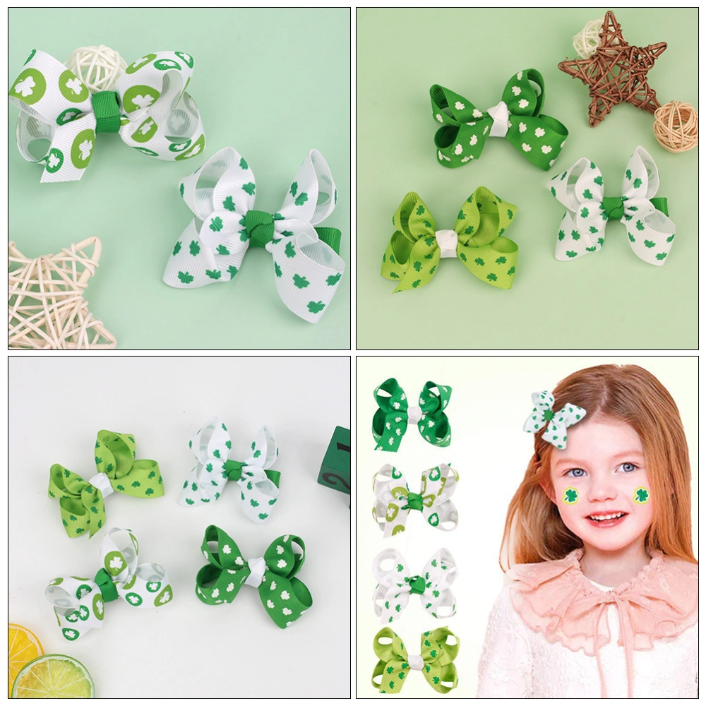 4 Pcs Shamrock Pattern Head-wears Novel Fabric Hair Adornments (White Green)