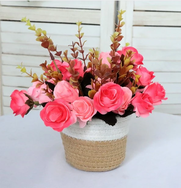 Artificial Potted Flower Simulation Bonsai Fake Flower Ornament Desktop Woven Flower Basket Decor