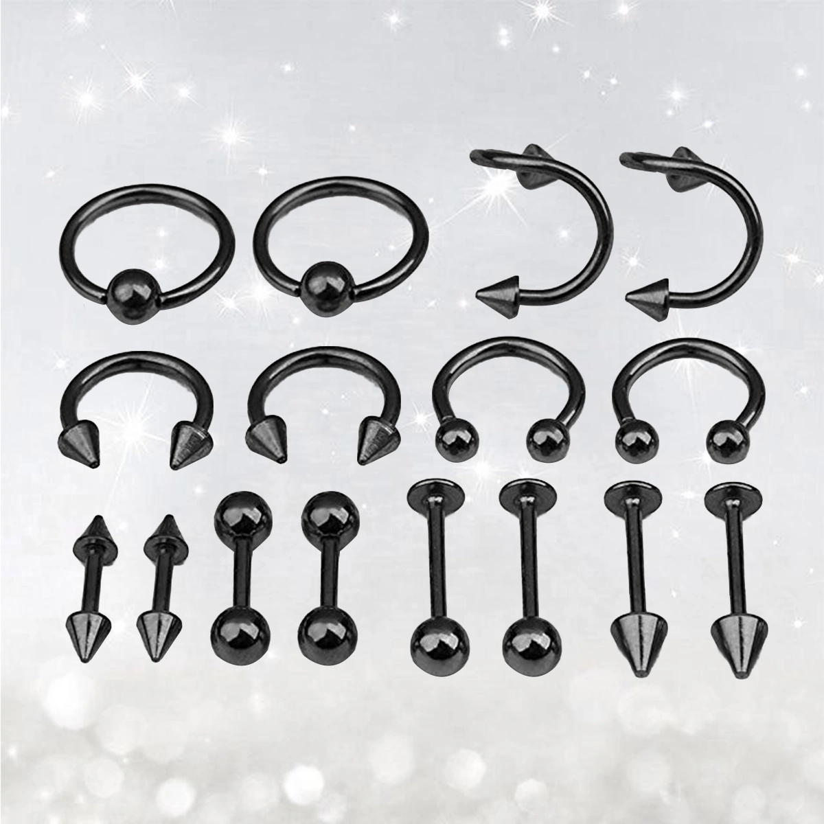 16PCS/Set Piercing Jewellery Surgical Steel Body Spiral Body Spiral Belly Tongue Bar Ring Eyebrow Mixed Piercing Jewelry for Women (Black)