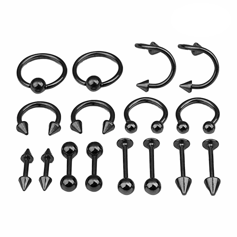 16PCS/Set Piercing Jewellery Surgical Steel Body Spiral Body Spiral Belly Tongue Bar Ring Eyebrow Mixed Piercing Jewelry for Women (Black)