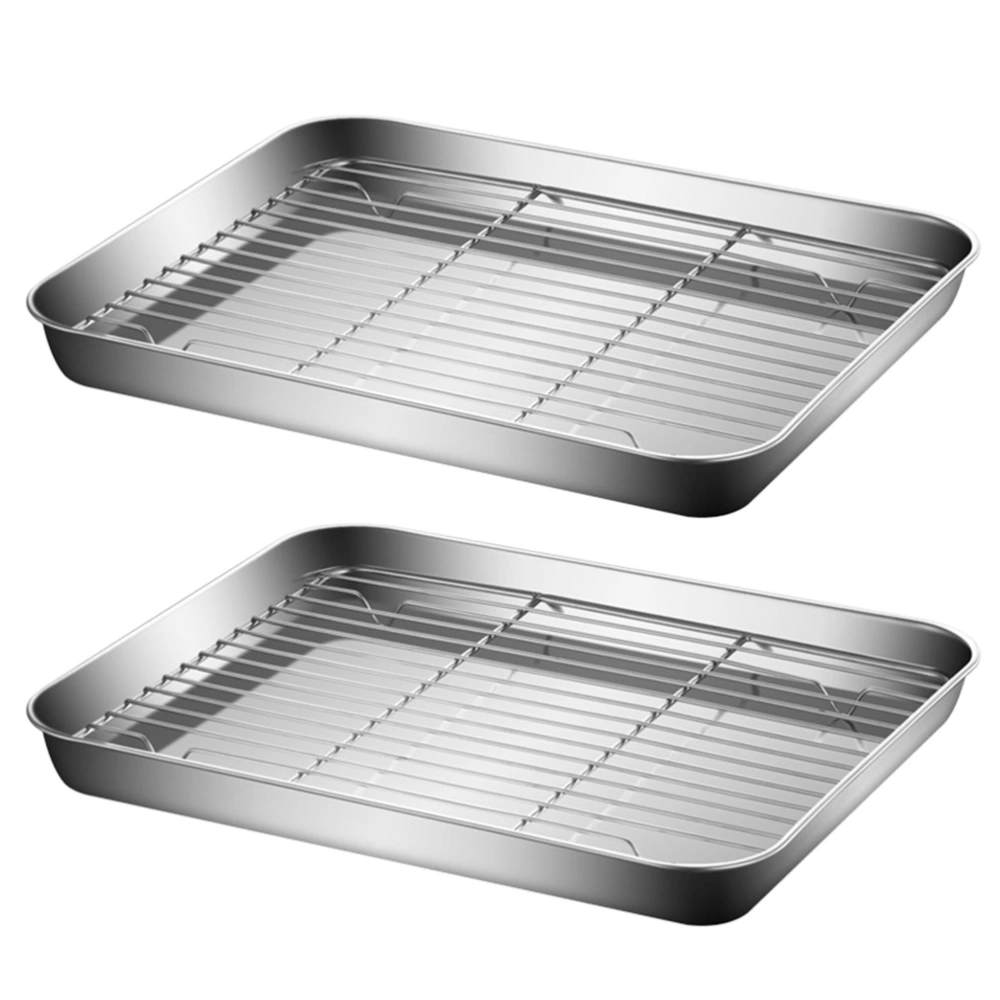 2 Sets Stainless Steel Fried Drain Nets Grill Storage Trays Baking Pan for Home