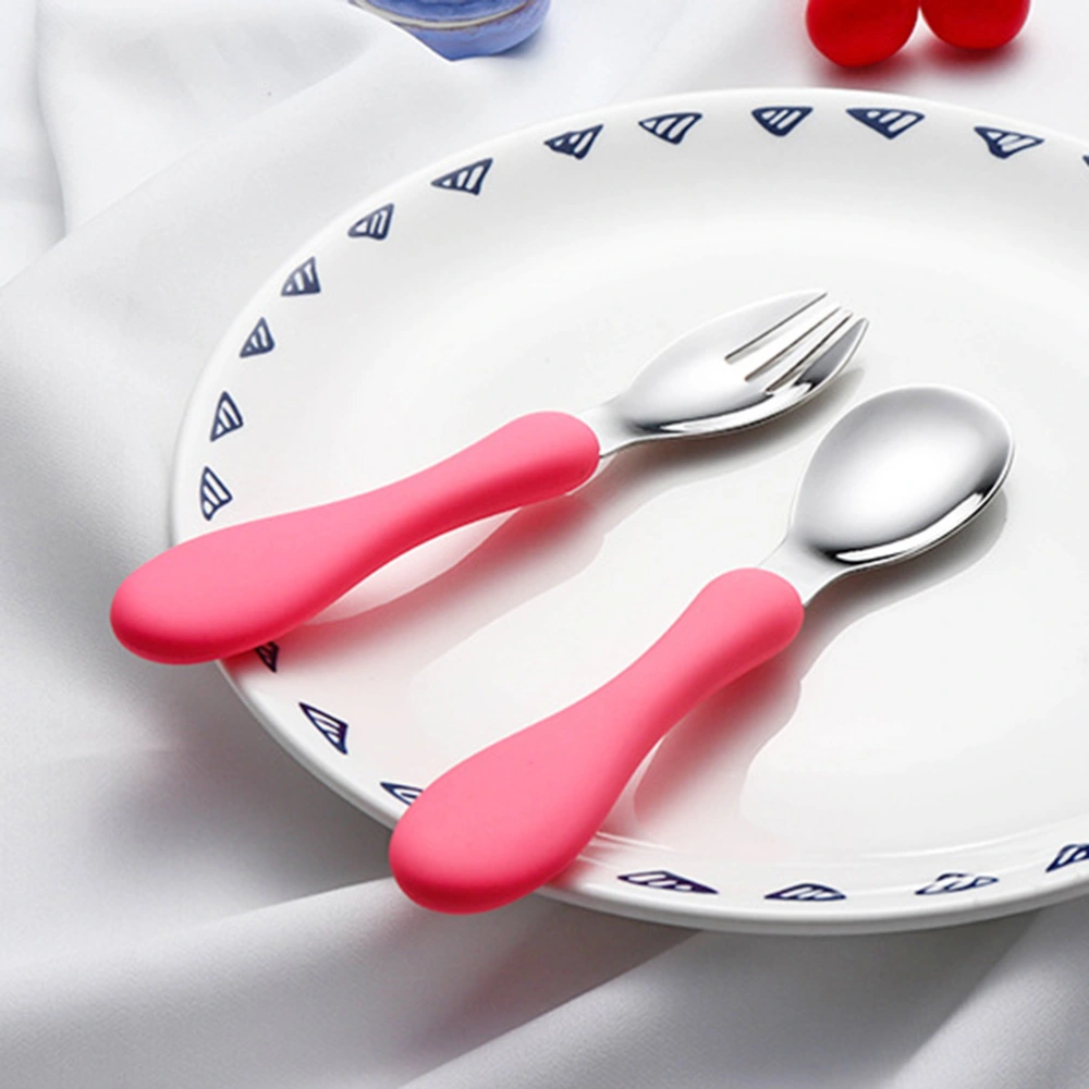 4pcs Children Spoon Portable Silicone Handle Stainless Steel Fork Safety Baby Feeding Spoon Eating Training Spork Kids Tableware (2 Pink Forks+2 Pink Spoons)