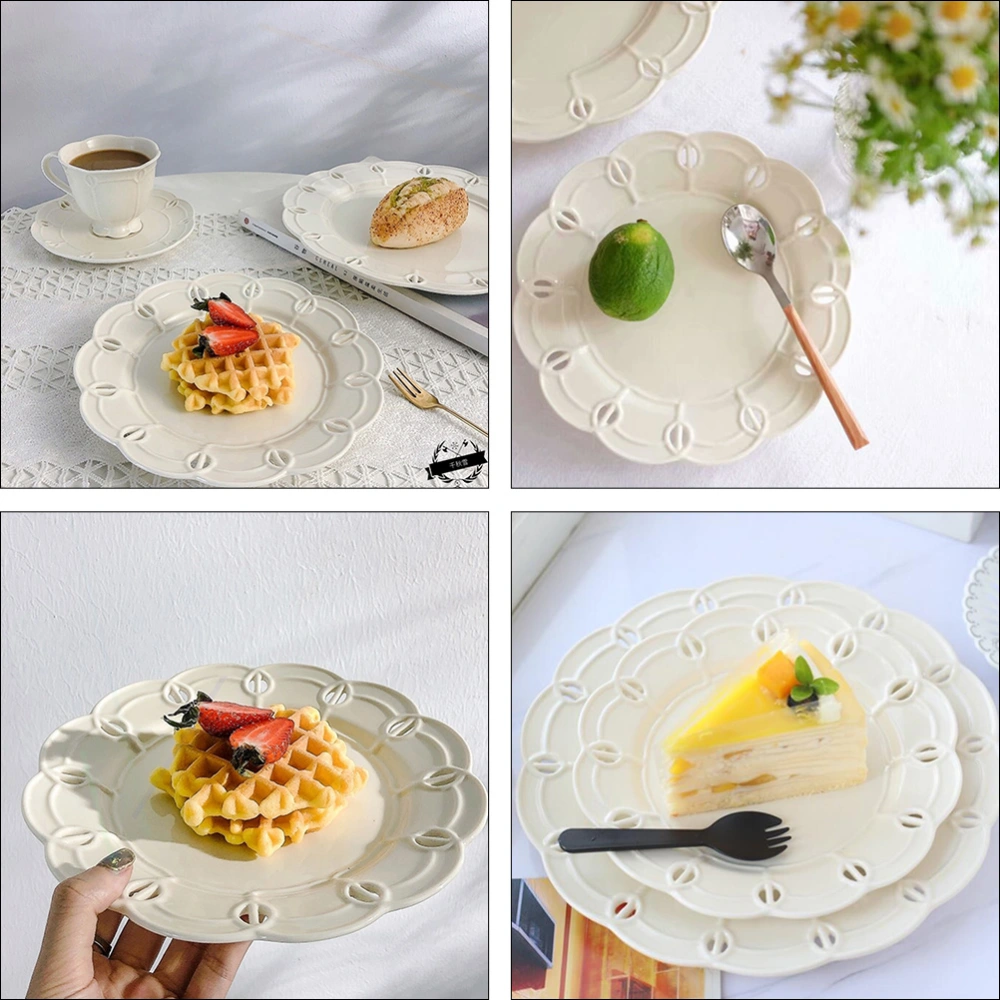 1Pc 8in Vintage Hollow Ceramic Wedding Food Plate Adornment Household Dessert Plate  (White)