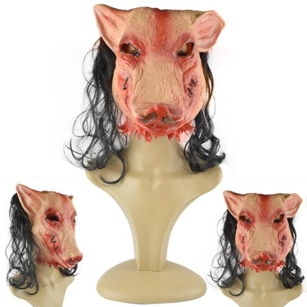 Halloween Performance Props Mask Pig Head Mask Spoofing Horror Head Mask with Hair