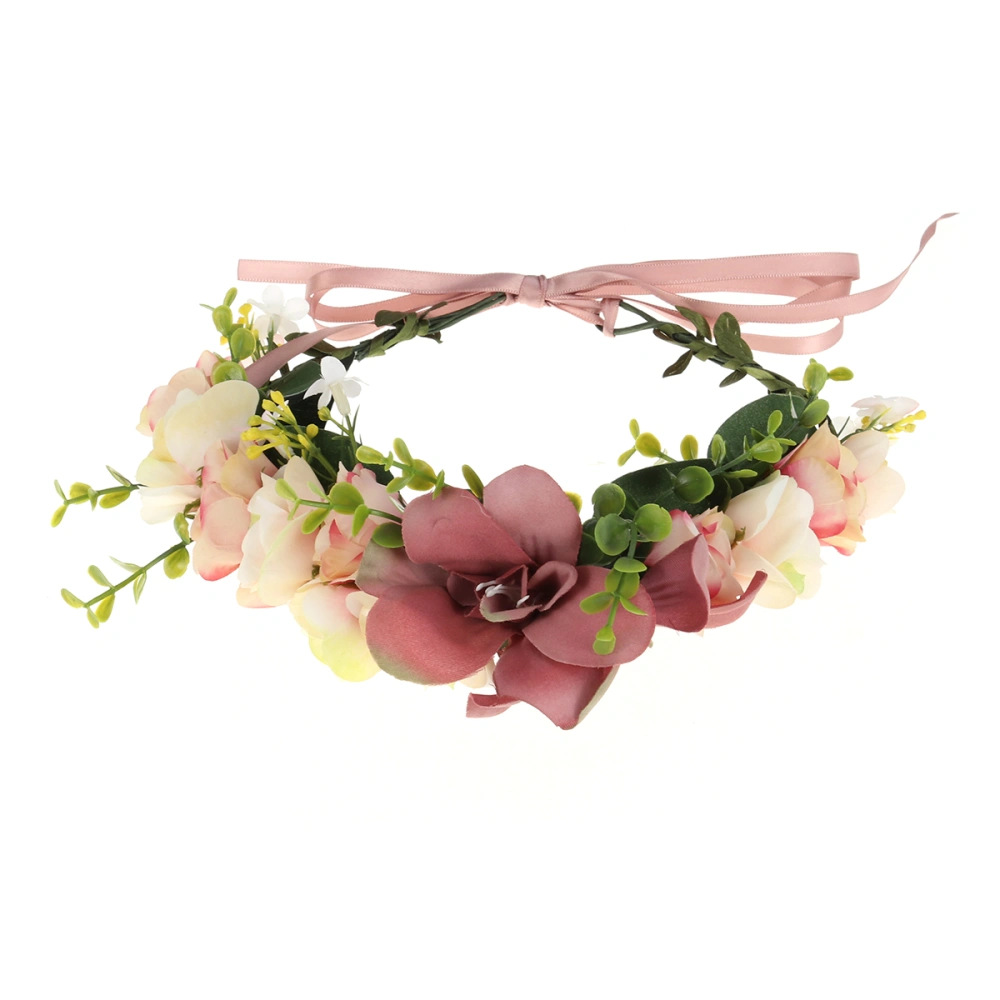 Flower Wreath Headband Crown Floral Garland Bohemia for Festival Wedding (Dark Pink)