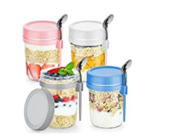 4 Pcs Overnight Oats Containers Large Mouth Glass Mason Jars With Lids And Spoons 400ml