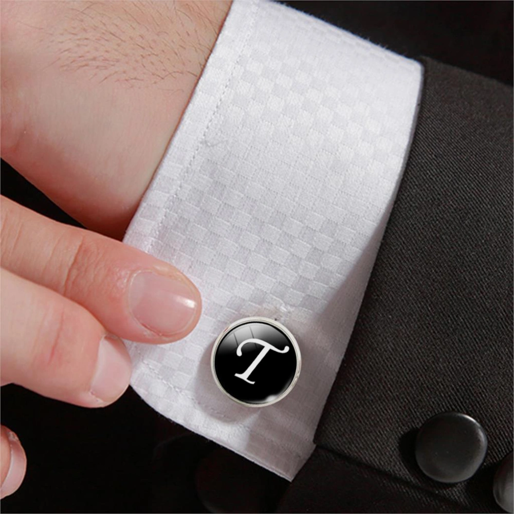 Glass Cuff-Link Sleeve Button Round English Letter Sleeve Button All-Match Decorative Collar Sleeves Button for Man (T Letter Pattern)