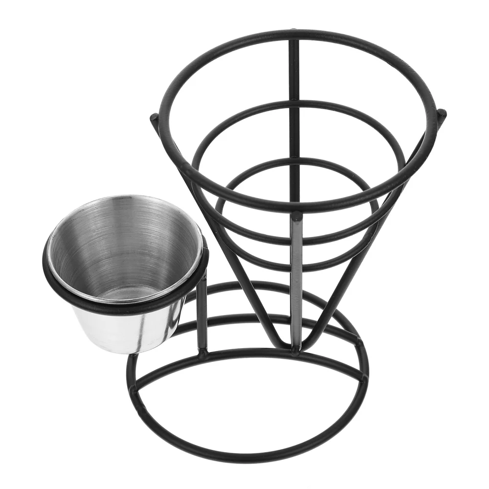 Cone Shape French Fries Stand with Sauce Cup Holder Iron Snacks Basket Fry Food Basket