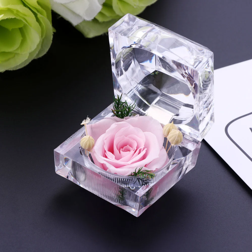 Preserved Flower Ring Box Rose Decorative Ring Box Finger Ring Storage Box Pretty Finger Ring Gift Box (Pink)