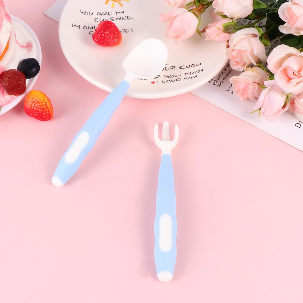 2pcs in 1 Set Baby Food Supplement Feeding Tableware Fork Spoon Combination Set Practice Feeding Tools for Infant Baby(Sky-blue)