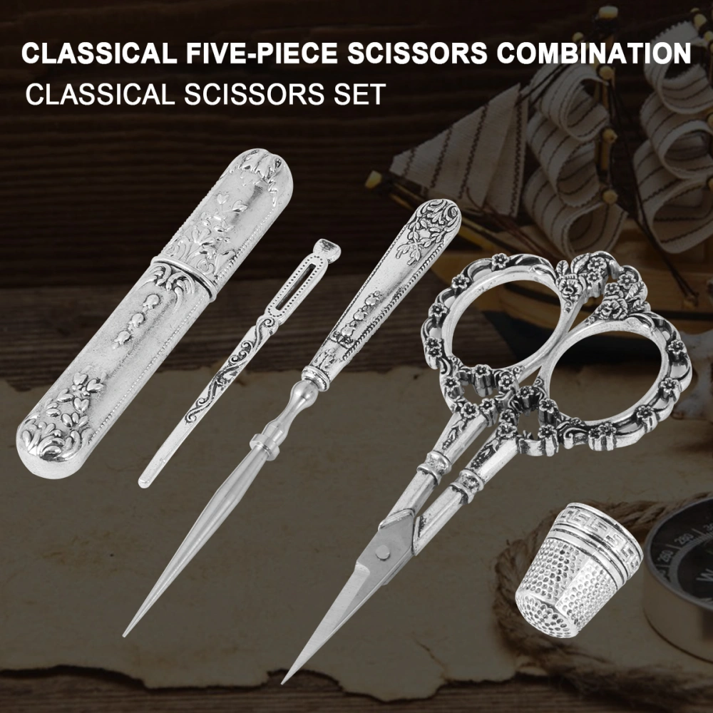 1 Set 5pcs Classical Scissors Antique Pointed Stainless Steel Scissors European Classical Household Scissors for Home (Silver Plum Blossom Style)