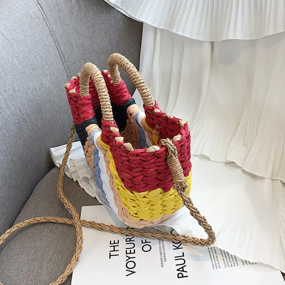 Colorful Straw Weaving Crossbody Bag Multifunction Summer Beach Bag Fashionable Large Capacity Pouch Handcraft Straw Shoulder Bag for Lady Girls(Size S)