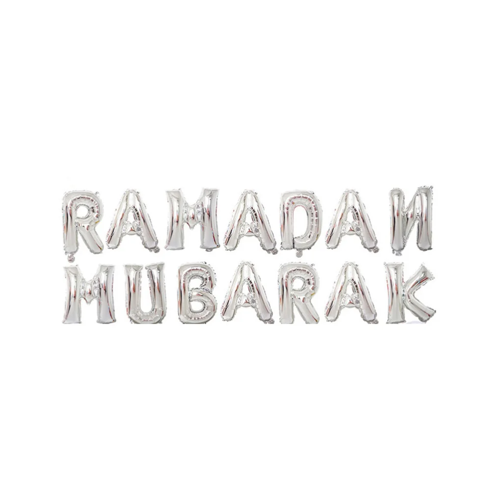 1 Set Silver Eid Mubarak Printing Latex Balloons Tassel Bunting Set Hanging Garland Ornaments Moon Star and Heart Aluminum Foil Balloons Set Ramadan Layout Decorations 