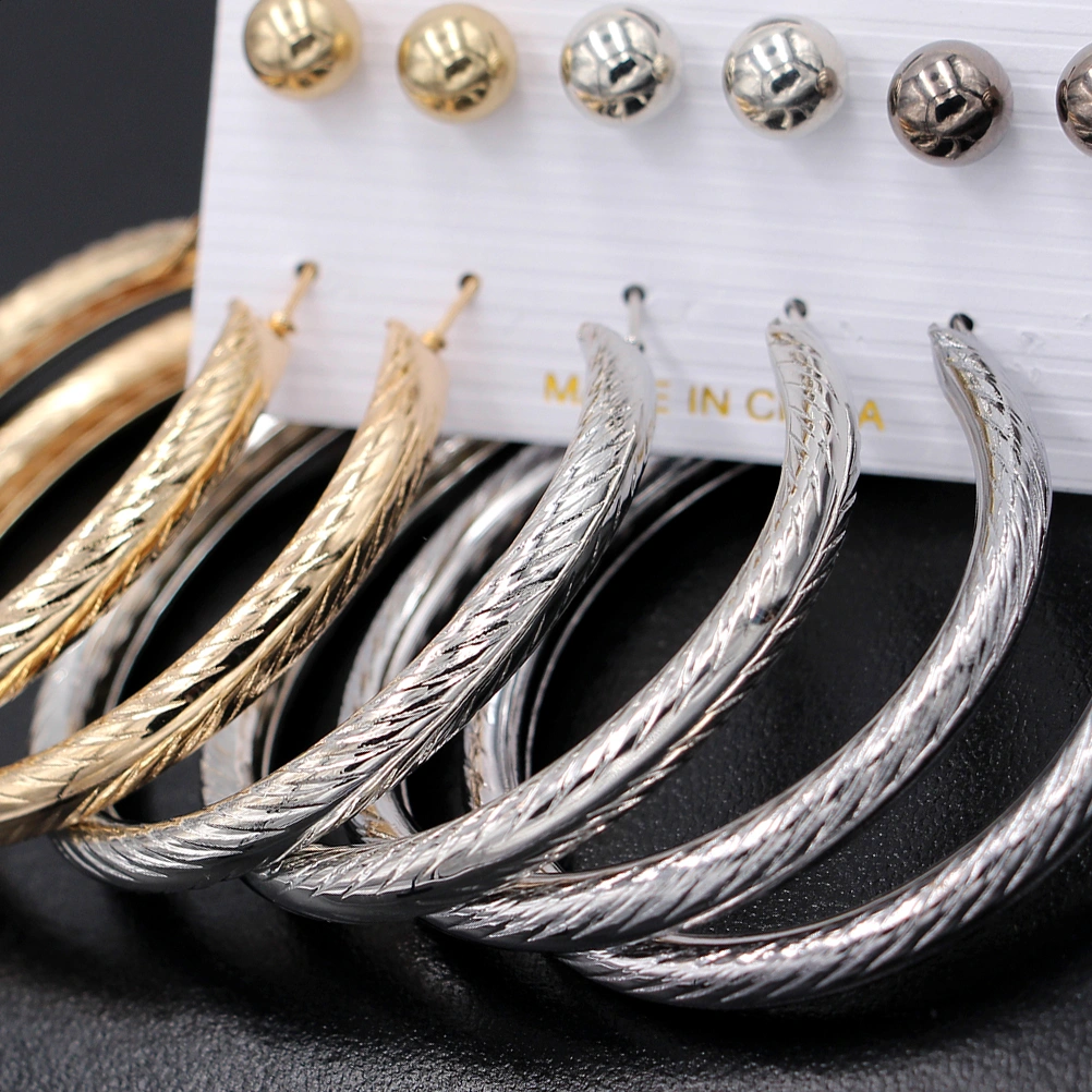 6 Pairs Women Earrings Set Golden Silver and Black Earstud Circle Eardrop Decorative Ear Jewelry