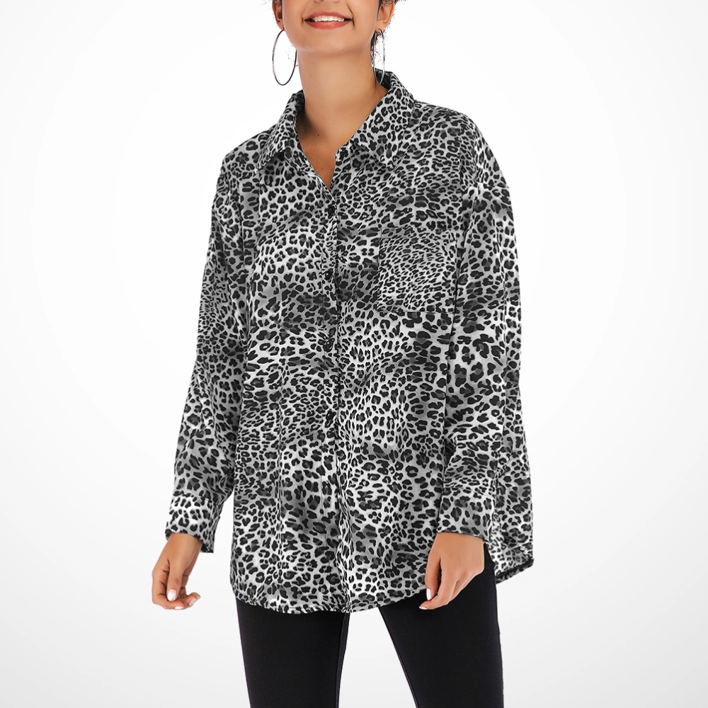 Women Single-breasted Sexy Leopard Shirt Fashion Lapel Blouse Long-sleeved (Black, Size XL)