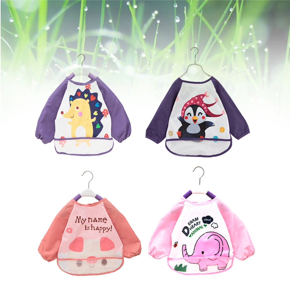 4pcs Children's Waterproof Smocks Printed Brightly Colored Aprons with Long Pocket and Sleeves