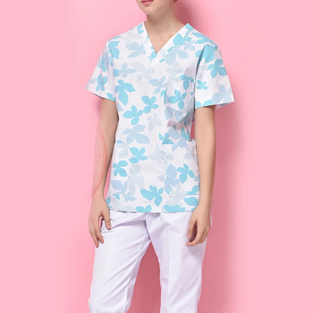 1 Set Maple Pattern Cotton Short Sleeve Hospital Working Uniform Two-Pieces Clothes Fashion V Neck Labour Costume for Beautician Nurse Clinic (Blue, Size XL)