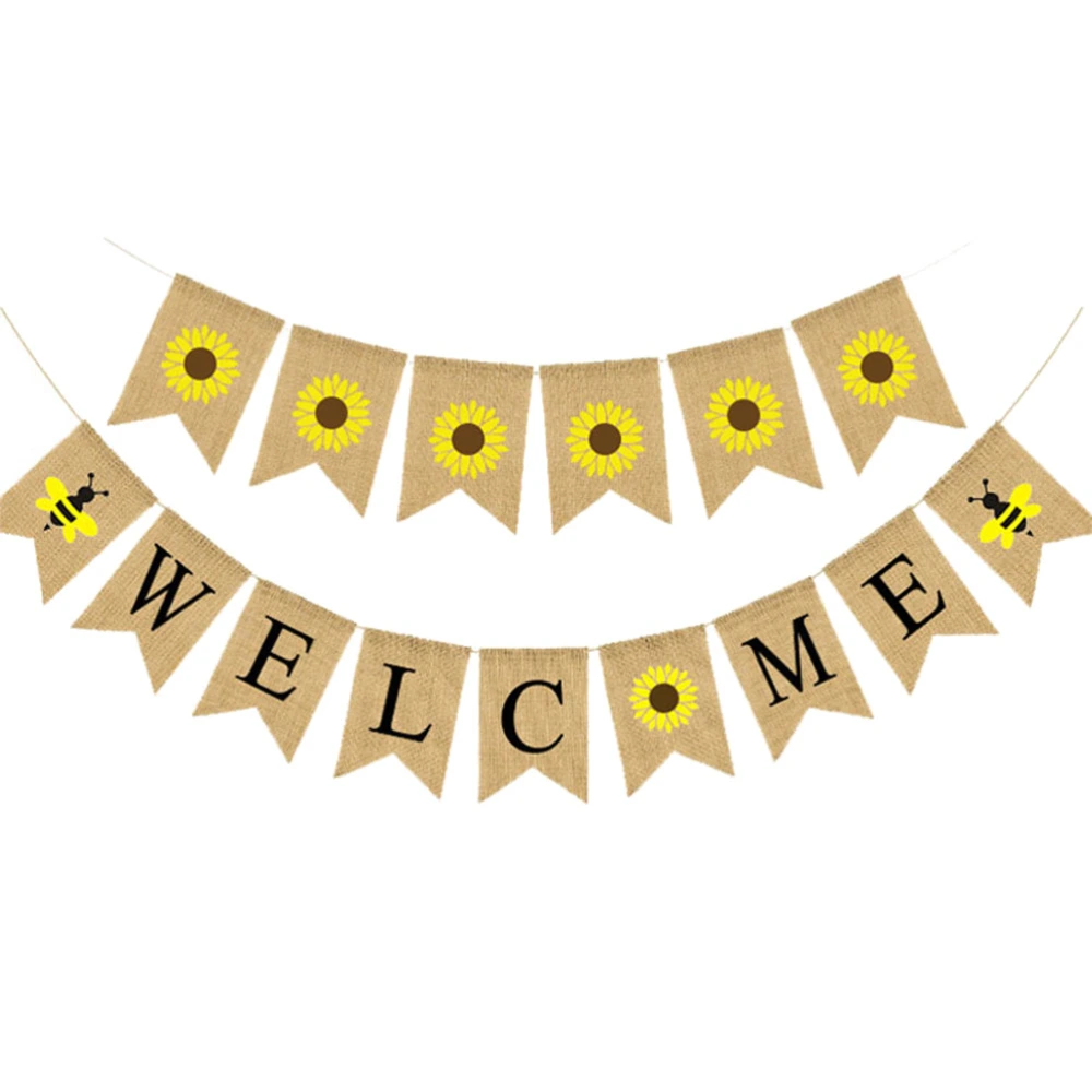 2 Sets WELCOME Letter Printing Flag  Party Decorative Props Burlap Banner Swallowtail Garland Sunflower and Bee Design Bunting Linen Party Supplies