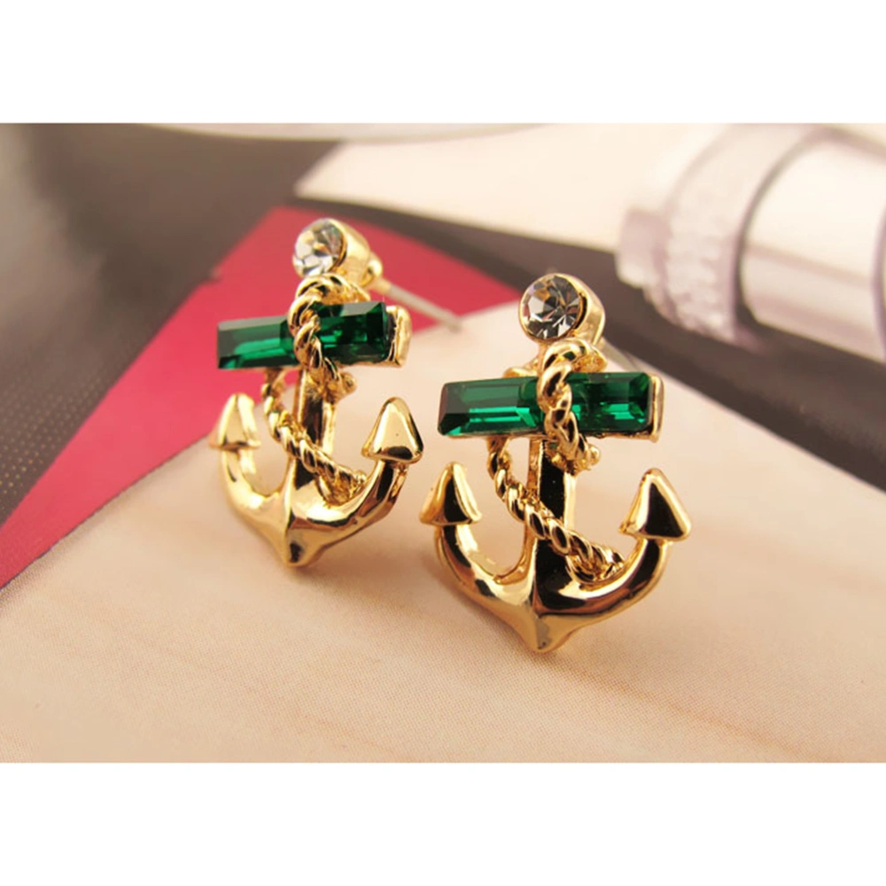 Fashion Nautical Anchor Stud Earrings Alloy Rhinestone Ear Studs Women Jewellery Gift (Gold)